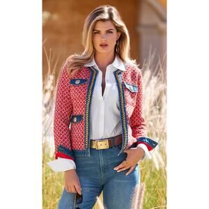 Boston Proper Tweed Denim And Chain Trim Jacket Red Womens Size 16 New Preppy